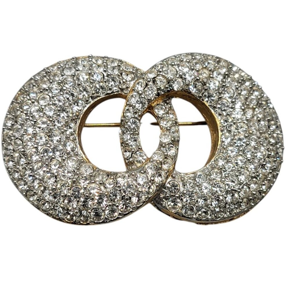 Designer Crystal Pave Interlocking Circles Brooch Gold Plated High End Vintage